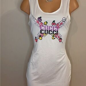 White Sleeveless Tank Top with Fitted Style and Colorful Graphic Design